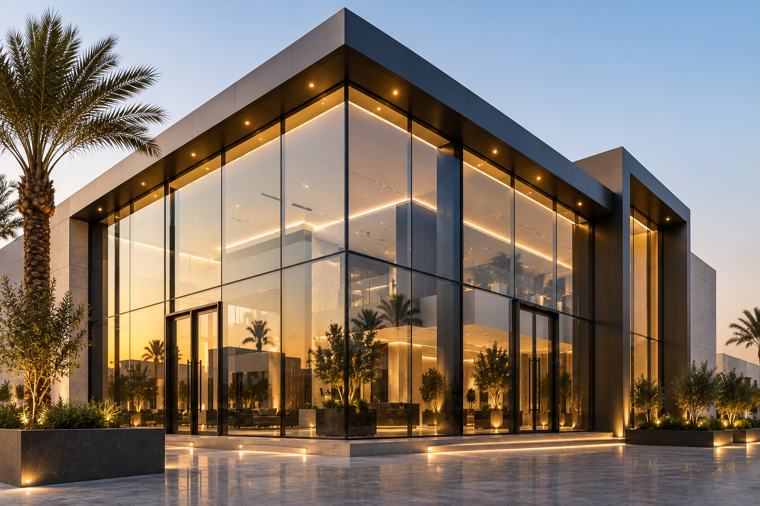 تصميم واجهة استركشر زجاج على ركن المبنى