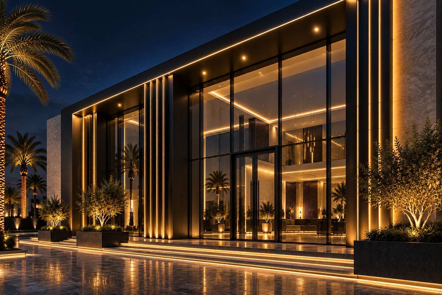 تصميم واجهة استركشر بإضاءة ليلية بالرياض